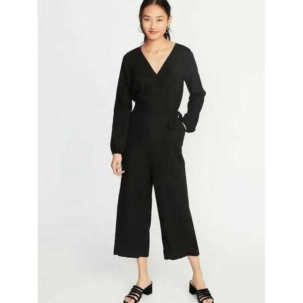 Old Navy Women Linen Blend Jumpsuit Black Wrap Tie Waist Wide Leg Crop Med NWT